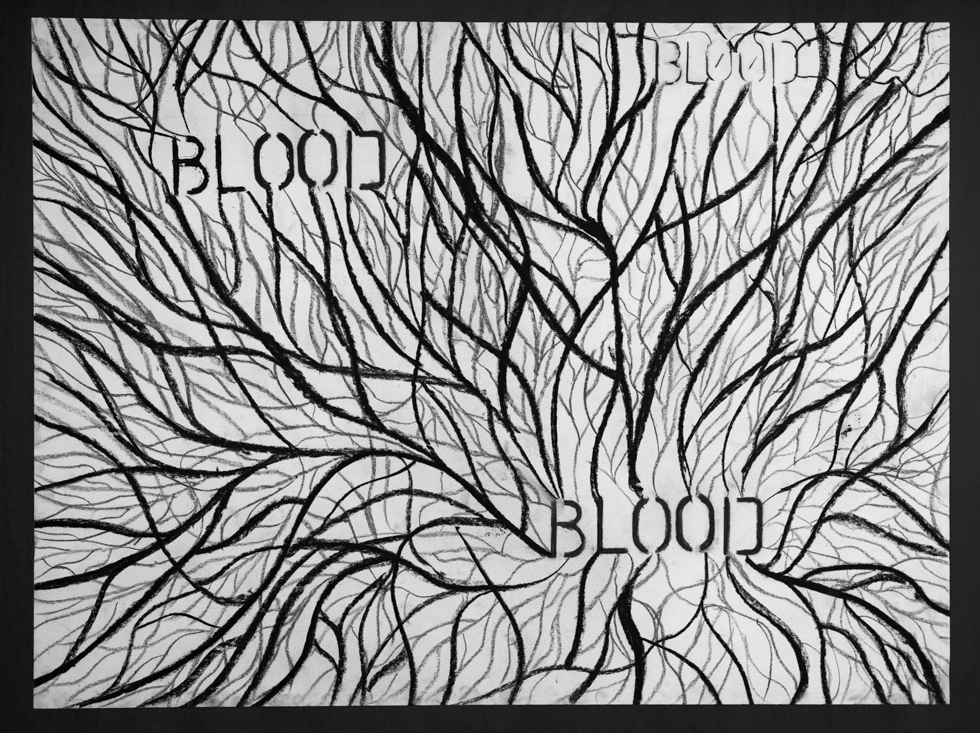 Charcoal drawing of the word “Blood” connected by a sprawling network of veins.