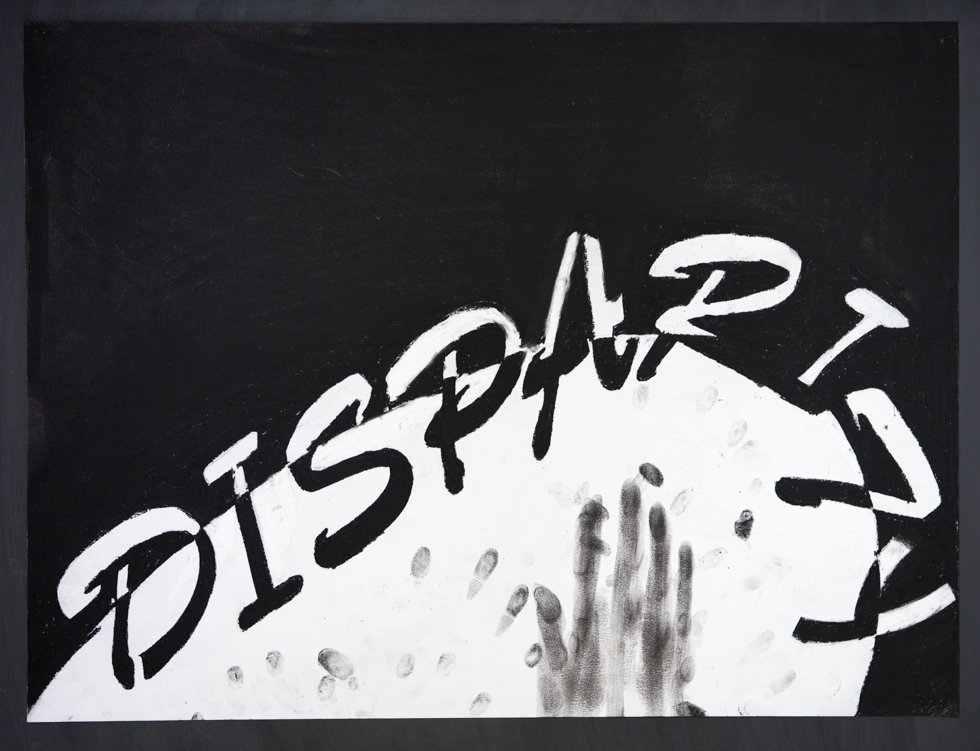 Charcoal drawing of the word "Disparity" with fingertips reaching toward it.