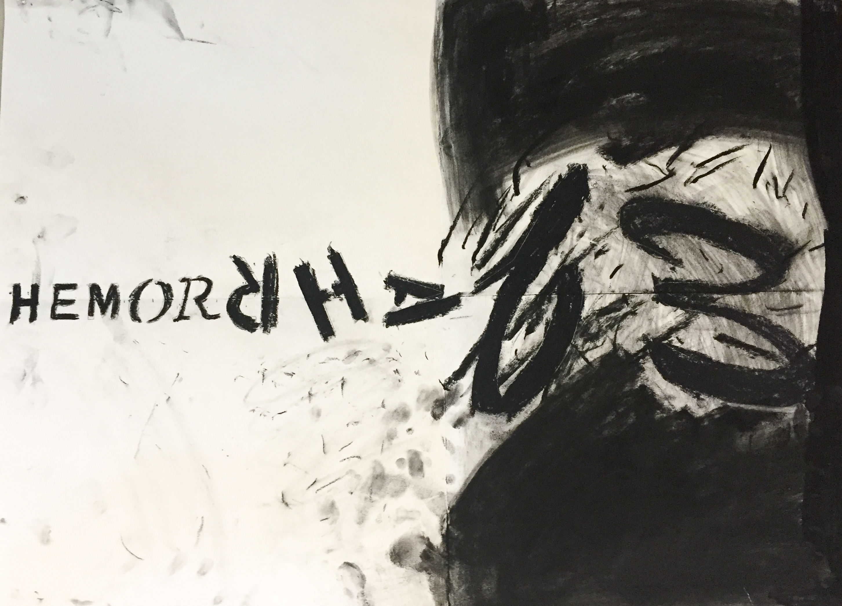 Charcoal drawing of the word "Hemorrhage" with last five letters rotated.