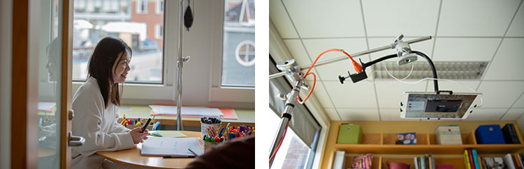 Collage overhead iPad and teaching fellow filming in the pop-up annex studio.