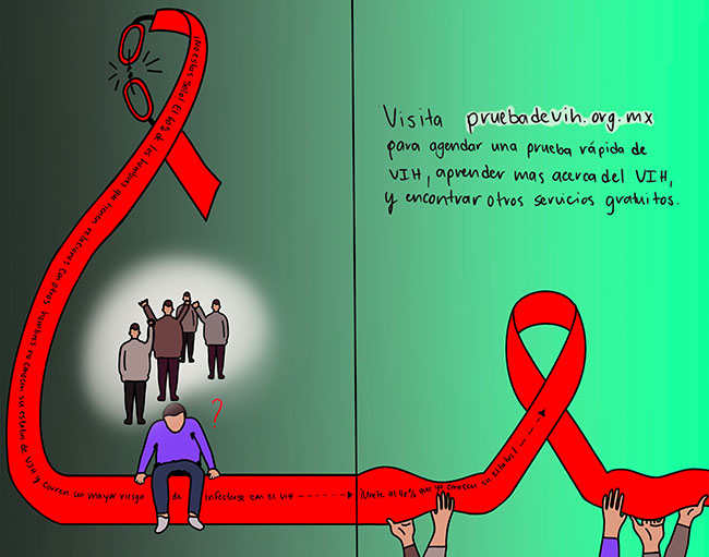 A red ribbon with people around it.