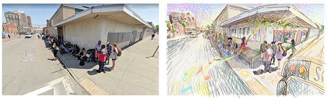Left - Photo street view of  Mass. and Cass. Right - Illustration of re-imagined space of Mass, and Cass street.