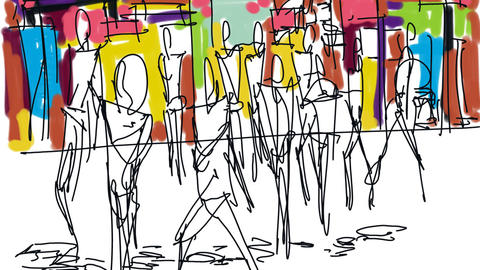 Pen and ink sketch of people in the city.