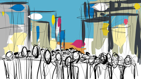 Pen and ink sketch of people in the city.