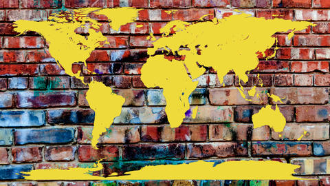 Yellow world map on brick background.