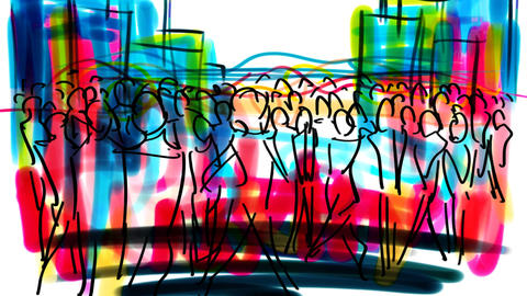 Pen and ink sketch of people in the city.