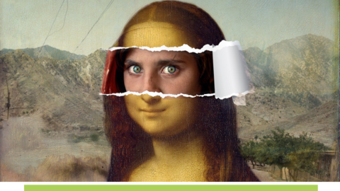 Poster using the Mona Lisa to invoke familiarity and embodies the pain of the Afghan refugee girl (Sharbat Gula) through her eyes and apexed background.