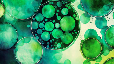 Green watercolor circles reminiscent of bacteria in a petri dish.