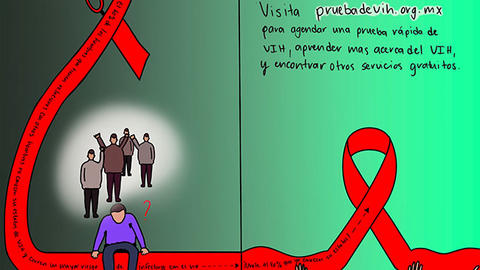 A red ribbon with people around it.