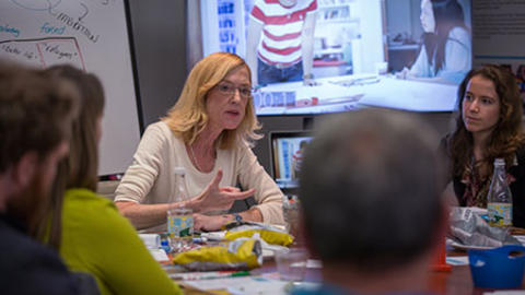 Sue J. Goldie speaking in a meeting with graduate students.