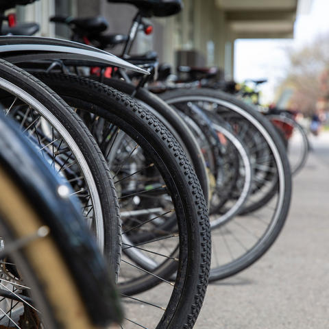 Close-up of bicycle wheels.