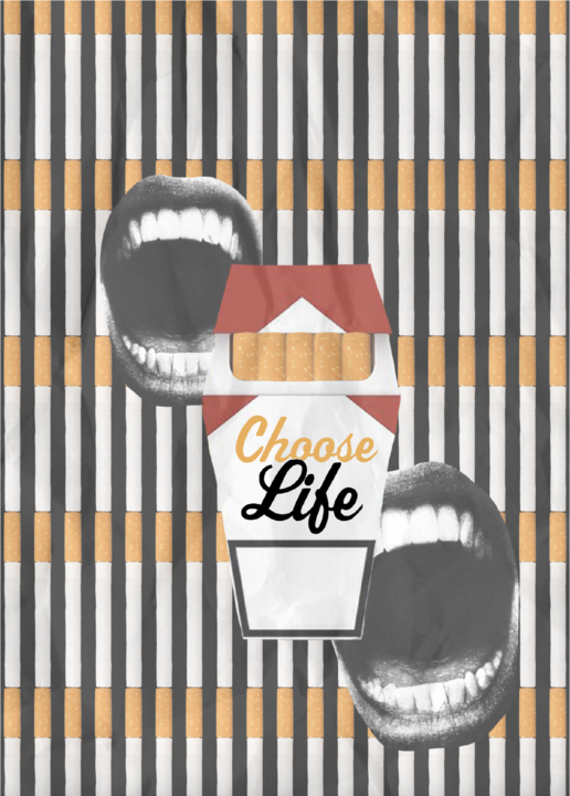 A poster of cigarette pack with mouth open.