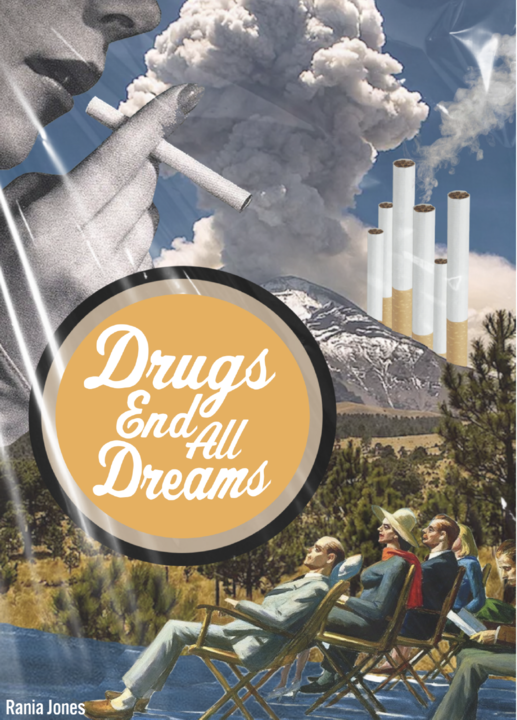 A poster of people sitting in chairs and a person smoking a cigarette.
