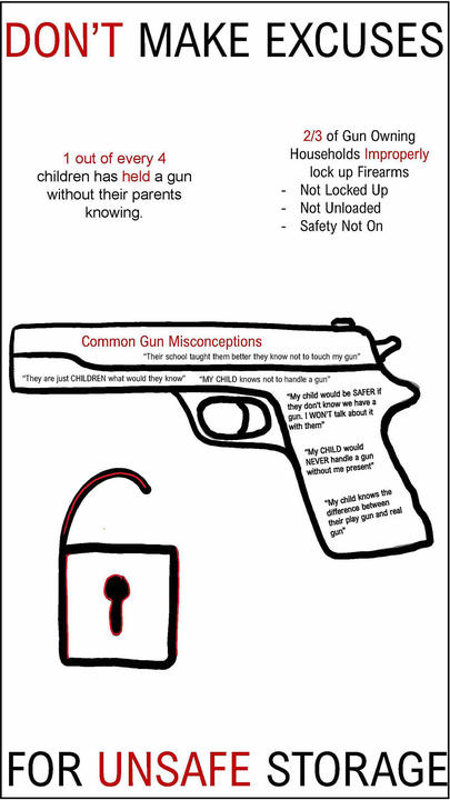 Outline of gun with text inside and an open lock.