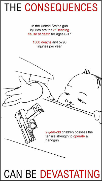 Child reaching for a gun on a table.