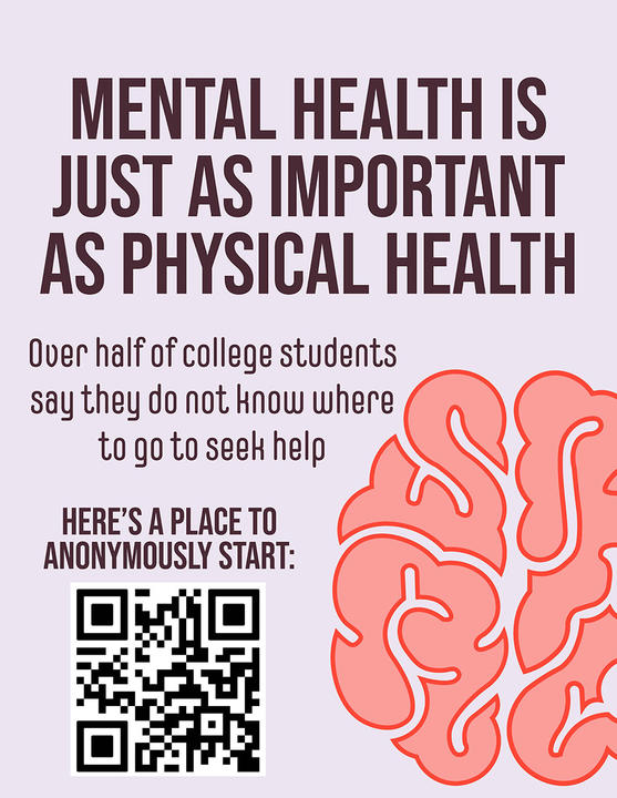Mental health in college students poster with QR code. Mental health is just as important as physical health.