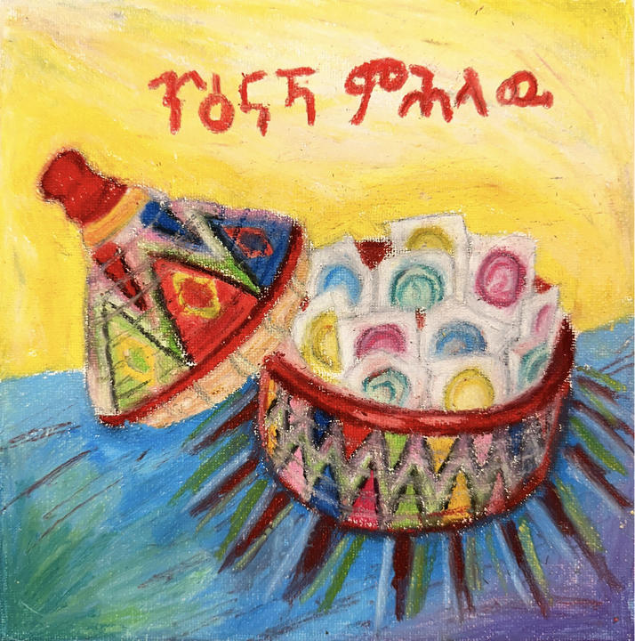 Oil pastels on canvas of a tifhi basket filled with condoms.