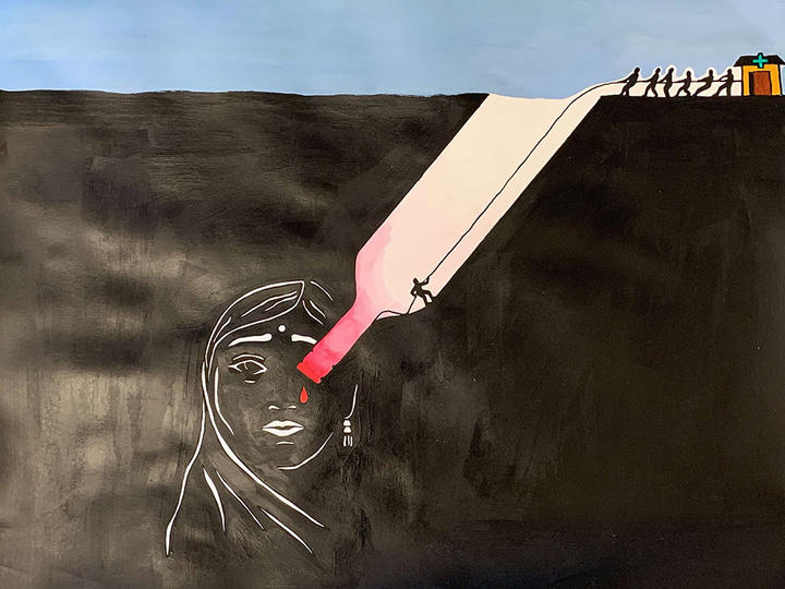 Painting of a figure in a deep pit being pulled out with a rope by other figures. The pit is shaped like an upside-down bottle of alcohol. A red tear drips from the bottle over a woman's face.