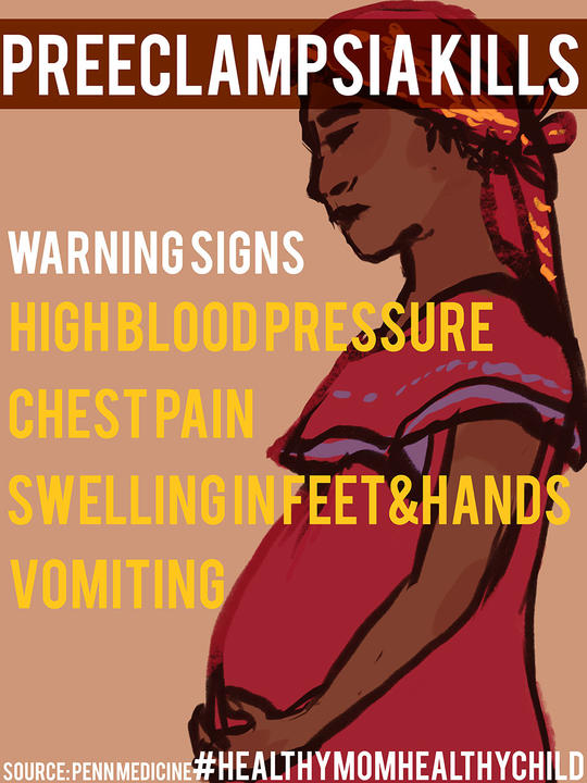 Pregnant woman holding her stomach. Text: Adverse Preeclampsia associated outcomes predictive factors: Early gestational age @ delivery, chest pain, low oxygen saturation.