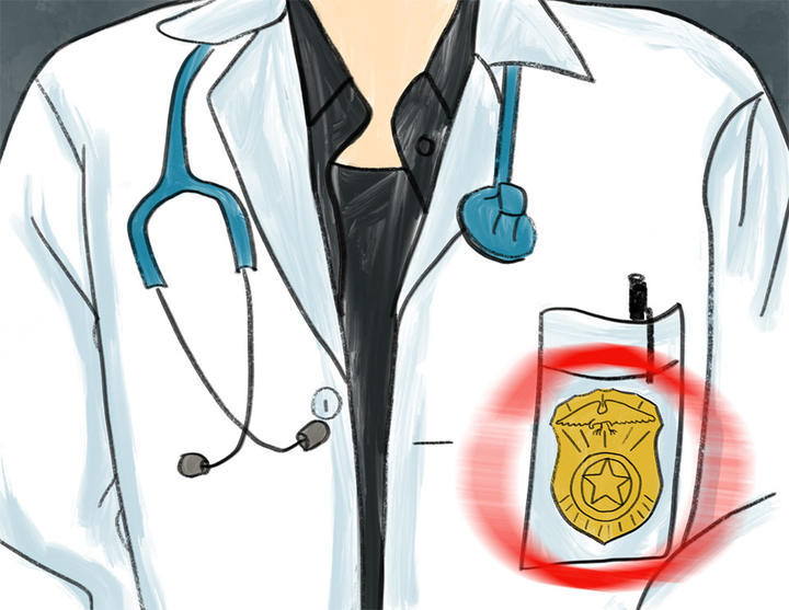 Illustration white coat with a red circle around a yellow badge logo.
