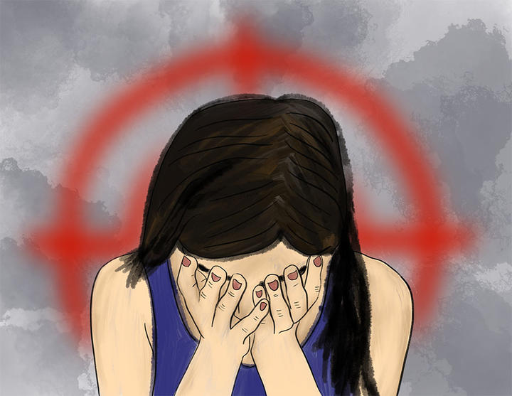 Illustration hands over woman's face.