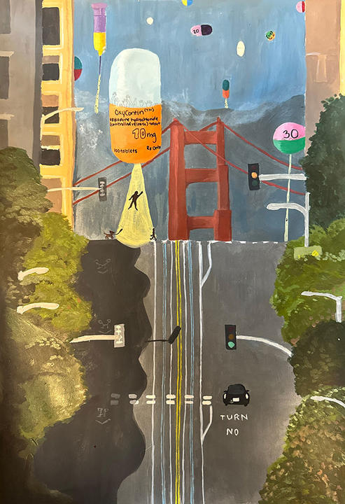A painting of a street in San Francisco with a large OxyContin pill.
