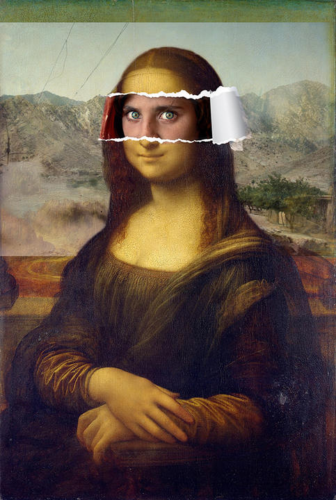 Poster using the Mona Lisa to invoke familiarity and embodies the pain of the Afghan refugee girl (Sharbat Gula) through her eyes and apexed background.