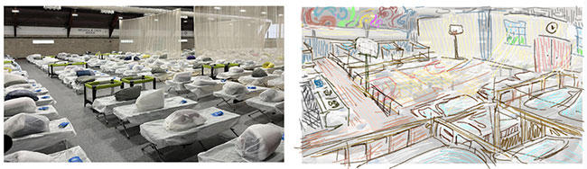 Left - Photo of shelters throughout Mass. and Cass. Right - Illustration of re-imagined space of bunk beds and athletic court.