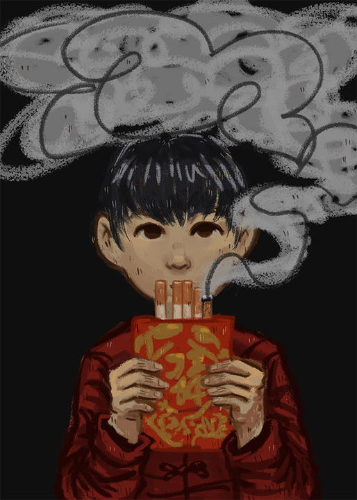A child holding a pack of cigarettes.
