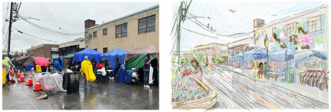 Left - Picture of Mass. and Cass tents. Right - Illustration of re-imagined space of community garden.