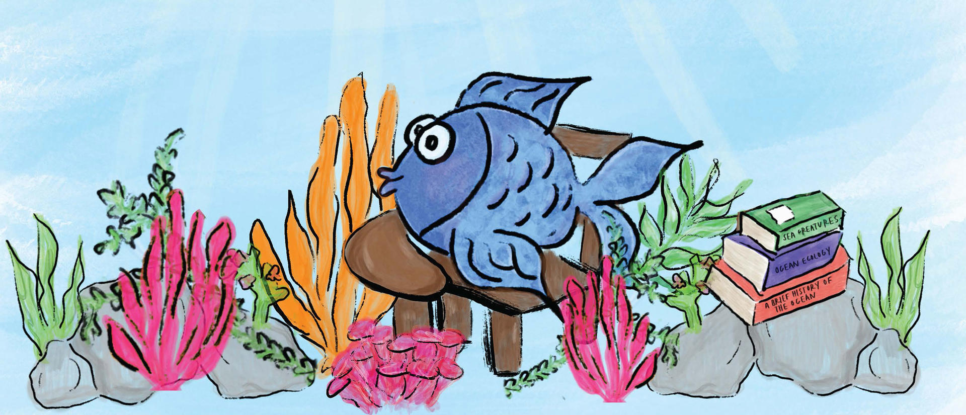 Blue fish surrounded by coral and books.