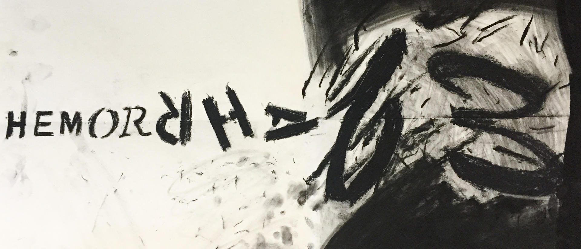 Charcoal drawing of the word "Hemorrhage" with last five letters rotated.