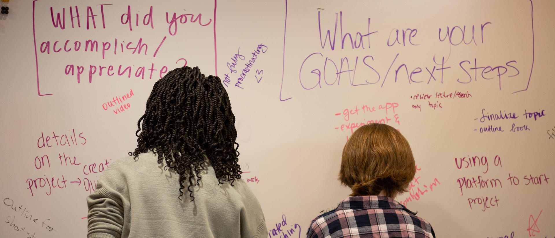 Students backs facing a whiteboard.