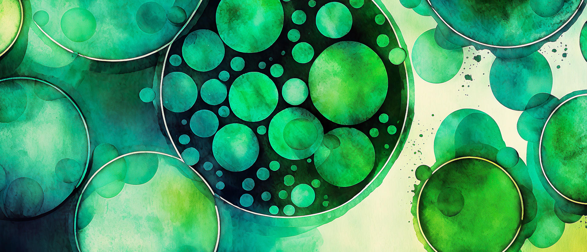 Green watercolor circles reminiscent of bacteria in a petri dish.
